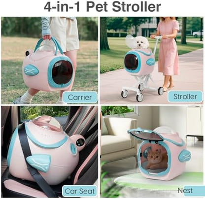 4 in 1 Foldable Pet Stroller with Detachable Carrier for Small Dogs & Cats, Space Capsule Travel Stroller with Inbuilt Fan,Temperature Display & Night Light,Puppy Kitty Doggie Bunny Stroller(Pink)
