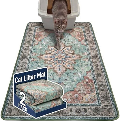 Hompet Cat Litter Mat 2 Pack, 36x48 Large Machine Washable Trapping Mats for Cats, Super Absorbent & Urine-Proof Cat Litter Box Mat for Floor, Waterproof & Non Slip Kitty Litter Rug