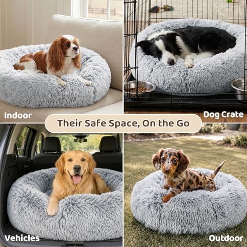 JOLLYVOGUE Dog Bed, Calming Anti-Anxiety Large Dog Bed, Fluffy Donut Cushion for Medium and Large Pets (27")