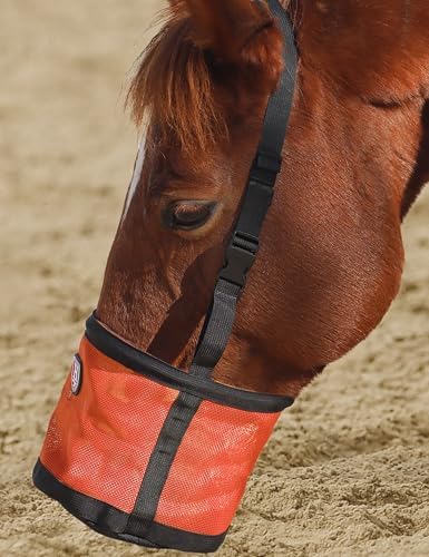 Harrison Howard Horse Muzzle Feed Bag Nylon Mesh Grain Feed Bag with Padded Neck Strap Adjustable Belt Orange Small