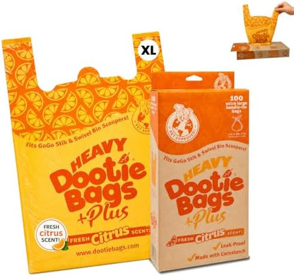 HEAVY Dootie Bags +Plus a Hint of Citrus Scent with EZ Tie Handles. For Pet Dog Poop, Cat Litter. Multi-Use. Fits Swivel Bin and Gogo Stik Scoopers. Made with Cornstarch. Strong, Leakproof, Very Large