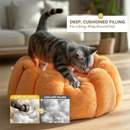 PETNOVO Pumpkin Cat Bed, Plush Donut Cuddler with High Bolster, Non-Slip