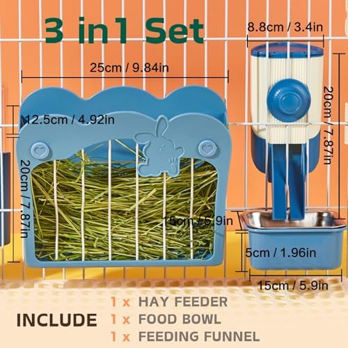 Rabbit Hay Feeder, 3-in-1 Feeding Set with Food Bowl and Hanging Funnel for cage, Hay Rack for Bunny Guinea Pig Chinchilla (Blue)