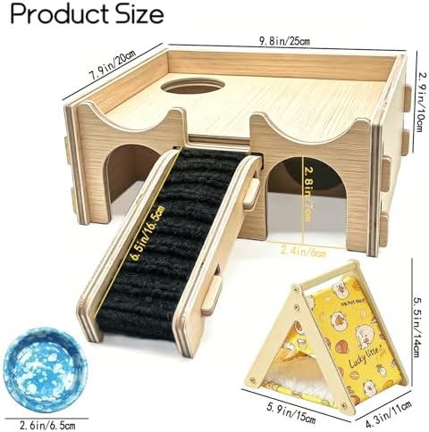 Wooden Hamster Hideout House,Multi-Chamber Syrian Hamster Hide Hut with Ladder Platform Bowls,Gerbil Explore Hiding Maze House Habitats Decor Accessories for Rat,Dwarf, Mice,Mouse