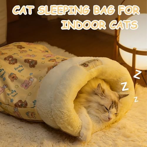Cat Sleeping Bag, Cat Sleeping Bag for Indoor Cats Self Heating Cozy Winter Soft Plush Self Warm Kittens Indoor Sack 360°Wrap Comfortable Pet Snuggle Sack for Cats up to 8kg/17.6lb (Brown Bear)