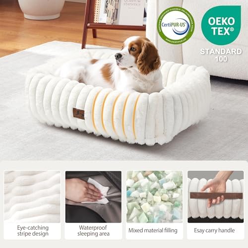 Washable Dog Bed for Small Medium Dogs, Rectangle Orthopedic Pet Bed with Removable Cover, Fluffy Memory Foam Dog Beds with Anti-Slip Bottom, Cream (25x21x7 inches)