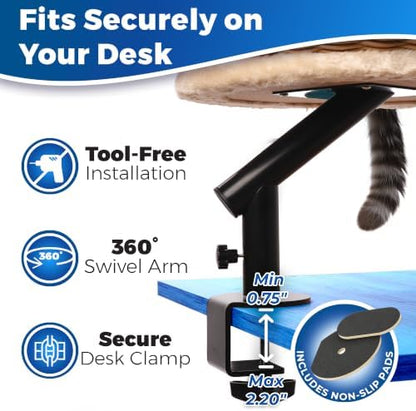 PetLovers Cat Desk Bed - Rattan Elevated Desk Cat Bed Attachment with Removable Washable Cushion, 360° Swivel Arm, Secure Clamp - Keeps Your Pet Close While You Work or Play