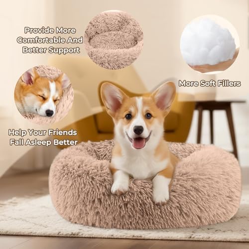 Calming Donut Dog Bed for Small Dogs, Anti-Anxiety Round Washable Plush Fluffy Faux Fur Large Cat Bed, 24 inches Fits up to 25 lbs Pets, Anti-Slip Waterproof Mute Base (Camel)