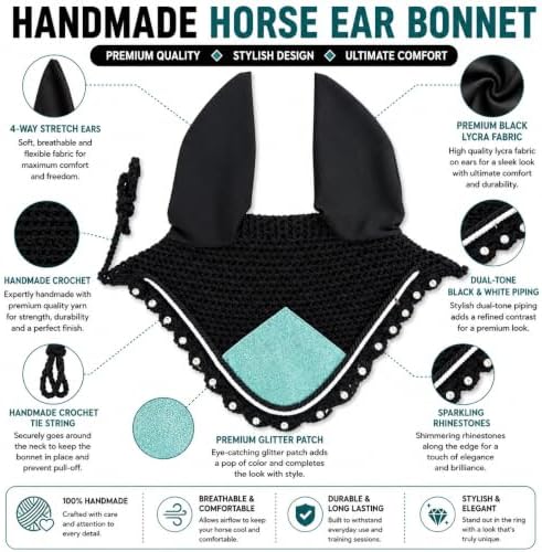 Horse Ear Bonnet for Horses – Handmade Crochet Fly Veil with Crystal Stones, Glitter Patch, Breathable Stretch Ears, Horse Fly Bonnet Ear Bonnet for Riding (Mint Green, Horse/Full)