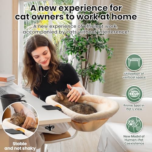 JUNSPOW Cat Desk Bed One-Click Folding Maximum Holds 40lb, Cream Fur