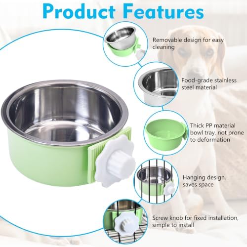 kathson Crate Dog Bowl 2pcs, Removable Stainless Steel Hanging Pet Kennel Cage Bowl Food & Water Feeder Coop Cup for Puppy, Cat, Rabbit, Guinea Pigs (2 PCS, Size: L, Blue and Green)
