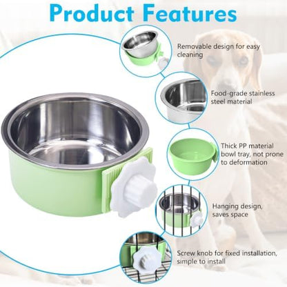 kathson Crate Dog Bowl 2pcs, Removable Stainless Steel Hanging Pet Kennel Cage Bowl Food & Water Feeder Coop Cup for Puppy, Cat, Rabbit, Guinea Pigs (2 PCS, Size: L, Blue and Green)