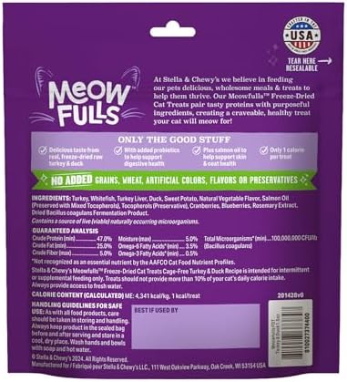 Stella & Chewy's Meowfulls Freeze Dried Cat Treats - Turkey & Duck Recipe - Raw Protein with Probiotics-& Salmon Oil - 1 Calorie Per Treat - 1.5 oz,(Pack of 2)