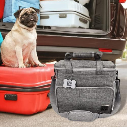 Mobile Dog Gear, Week Away Dog Travel Bag for Medium and Large Dogs, Includes 2 Lined Food Carriers and 2 Collapsible Dog Bowl, Meets Airline Requirements, Heathered Gray