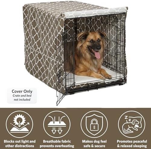 Midwest Homes for Pets Dog Crate Cover with Teflon Fabric Protector, Poly-Cotton Privacy Kennel Cover Fits Most 36-Inch Crates, Brown Designer Print, Washable, Reduces Barking