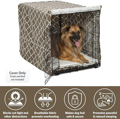Midwest Homes for Pets Dog Crate Cover with Teflon Fabric Protector, Poly-Cotton Privacy Kennel Cover Fits Most 36-Inch Crates, Brown Designer Print, Washable, Reduces Barking
