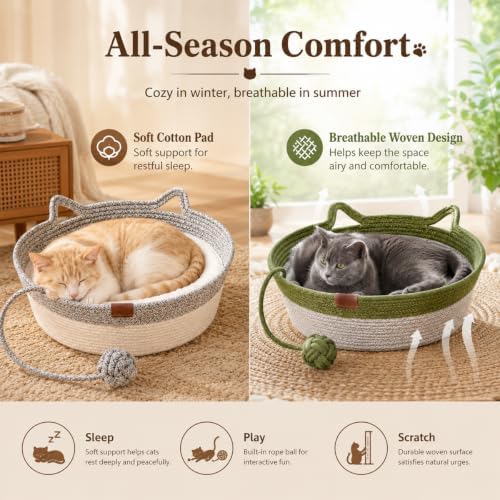 Instinct Basket for Cats, Handwoven Cotton Rope Cat Basket Bed with Toy Ball and Cat Ear Handles, Scratchable Breathable Round Woven Cat Basket for Indoor Cats (Large,Caramel Brown Basic)