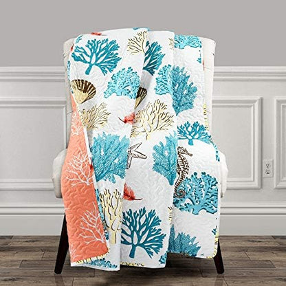 Lush Decor Coastal Reef Feather Reversible Throw Blanket, 50" W x 60" L, Blue & Coral - Throw Blankets for Bed - Couch Blanket - Coastal Throw Blanket for Couch
