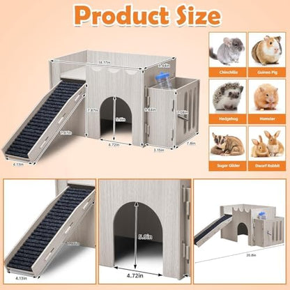PINVNBY Large Wooden Guinea Pig Hideout with Water and Hay Feeder Ramp Easy to Assemble Wood Bunny Castle Hamster House for Small Animal Chinchilla Rat Rabbit Bunny Hedgehog