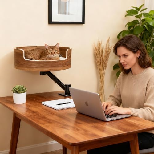 Desk Cat Bed, Elevated Cat Bed for Desk, Space-Saving Cat Hammock for Home Office, Stable & Comfortable Perch for Indoor Cats，Walnut Wood Finish