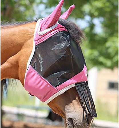 Harrison Howard CareMaster Horse Fly mask with Ears and Nose Fringe Fly Protector Defender Mask Light Pink Full Size
