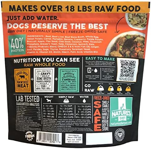 Nature's Diet Simply Raw Freeze-Dried Whole Food Meal - Makes 18 Lbs Fresh Food with Muscle, Organ, Bone Broth, Whole Egg, Superfoods, Fish Oil Omega 3, 6, 9, Probiotics & Prebiotics (Beef)
