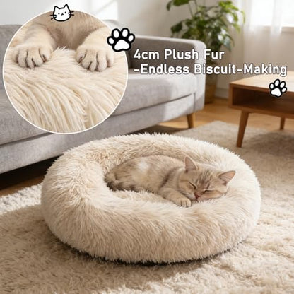 Calming Donut Dog Beds for Small Dogs Cats - Washable Removable Cover Non-Slip Bottom, Round Pet Bed Puppy Bed Warming Fluffy Faux Fur Anti-Anxiety, Fits up to 25 lbs (Beige, 23")