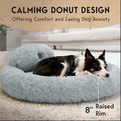 PetJett Dog Beds Large Sized Dog - 36'' Calming Round Bed, Washable Dog Bed - Anti-Slip Super Soft Donut Bed, Fluffy Faux Fur Anti-Anxiety Premium Comfort Pet Bed, Fits Dogs up to 80 lbs - Bright Grey