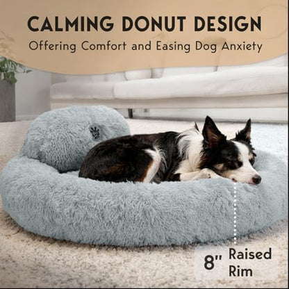 PetJett Dog Beds Large Sized Dog - 36'' Calming Round Bed, Washable Dog Bed - Anti-Slip Super Soft Donut Bed, Fluffy Faux Fur Anti-Anxiety Premium Comfort Pet Bed, Fits Dogs up to 80 lbs - Bright Grey