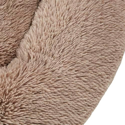 Dog & Cat Bed: Round Faux Fur Pet Bed - Plush, Cozy, & Calming Donut Bed for Medium Pets - Soft & Comfortable Sleeping Cushion for Napping & Lounging, 23" Round, Taupe