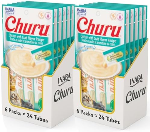 INABA Churu Cat Treats, Grain-Free, Lickable, Squeezable Creamy Purée Cat Treat/Topper with Vitamin E & Taurine, 0.5 Ounces Each Tube, 48 Tubes (4 per Pack), Chicken with Crab Recipe