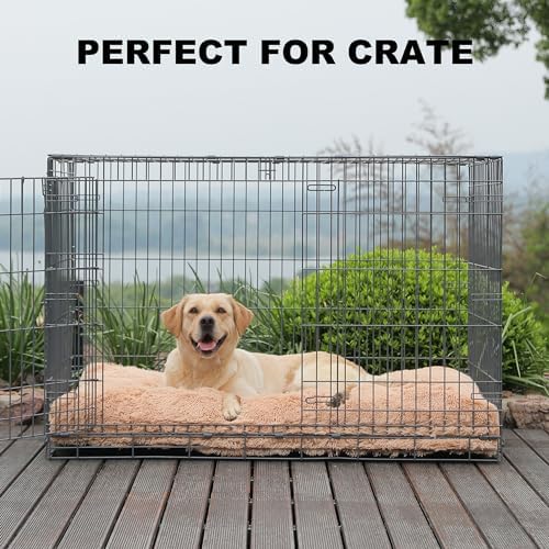 Bedfolks Waterproof Crate Bed, Plush Dog Kennel Pad with Removable Washable Cover, Faux Fur, Fluffy, 41"x27", Solid Camel