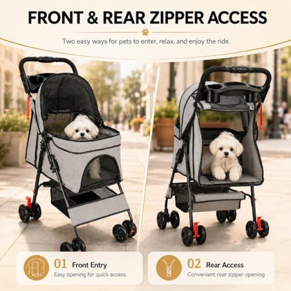 Dog Stroller, Pet Stroller with 4 Wheels, Foldable Dog Strollers for Small Medium Dogs & Cats, Cat Stroller with Storage Basket, Breathable Mesh, 360° Wheels & Rear Brakes Grey