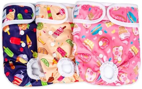 Pet Soft Female Dog Diapers, 3 Pack Washable Dog Diapers Female for Dogs in Heat Reusable Dogs Period Panties, Puppy Diapers (Food, M)
