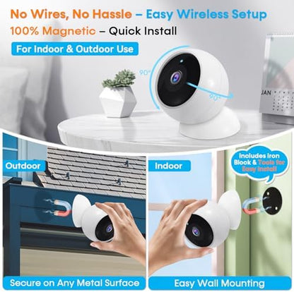 AMTIFO Security Cameras Wireless Outdoor Magnetic - 4-Pack Install-Free Indoor Smart 2K WiFi - Long Battery Life Powered Wireless Security Camera with AI Motion Detection
