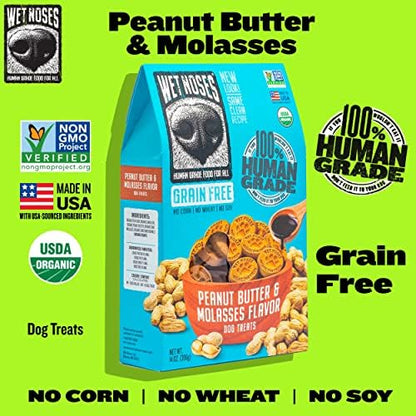 Wet Noses Organic Crunchy Dog Treats – All-Natural, Human-Grade, Non-GMO, Healthy Training & Delicious Snacks for Dogs, All Dog Sizes & Breeds – Grain Free Peanut Butter & Molasses, 14oz (Single Pack)