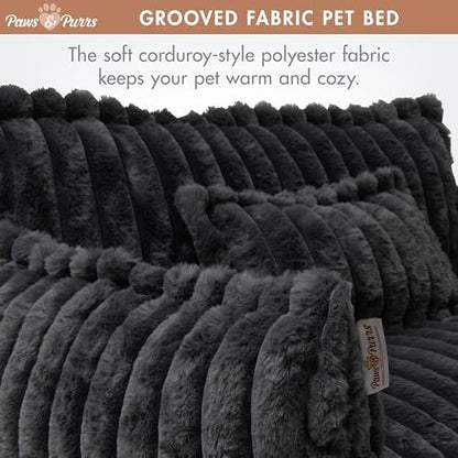 Grooved Pet Bed for Small to Medium Dogs or Cats, Soft Ribbed Corduroy-Style Polyester Fabric, Supportive Bolsters, Removable Cover, Non-Slip Base, Sofa Pet Lounger with Mini Play Cushion, Dark Gray