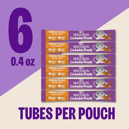 Wellness Lickable Soft Puree Cat Treats, All Lifestages, Kitten to Senior, Natural, Grain Free, Chicken Flavor, 0.4 oz, Pack of 6 Tubes