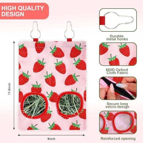 JarThenaAMCS 2Pcs Rabbit Hay Feeder Bag with 2 Holes Pink Strawberry Guinea Pig Hanging Hay Feeding Bag Storage Dispenser for Chinchilla Hamster Bunny Small Animal Pet