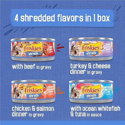 Friskies Purina Wet Cat Food Variety Pack, Shreds with Beef, Turkey & Cheese Dinner, Chicken & Salmon Dinner, and with Ocean Whitefish and Tuna - 5.5 oz. Cans (Pack of 80)