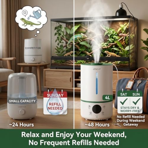 Reptile Humidifier and Fogger, 4L Plant Mister with Dual Probes and Tubes for Two Terrariums, Constant Humidity Setting, 48H Runtime