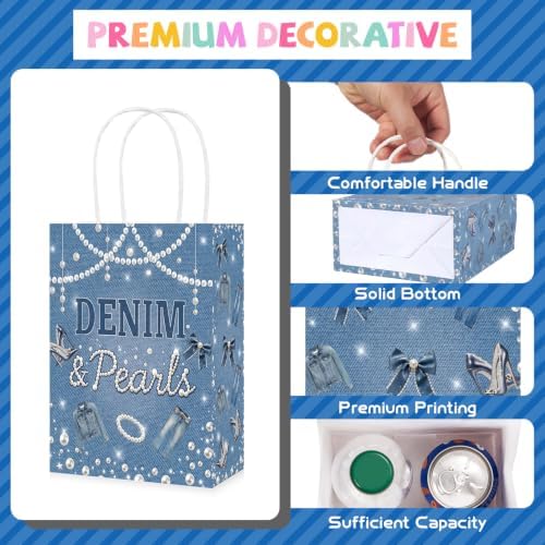 Greencian 16Pcs Denim and Pearls Party Favor Bags Jeans Pearl Goodie Bags
