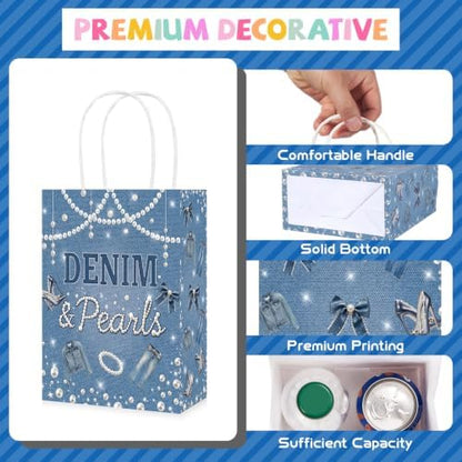 Greencian 16Pcs Denim and Pearls Party Favor Bags Jeans Pearl Goodie Bags