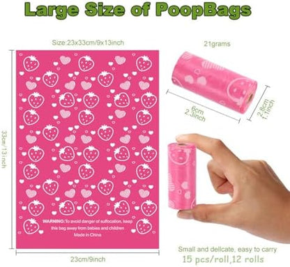 Poop Bags Rolls - 9x13 Inch Pink Strawberry Pet Waste Bags with Dispenser, Eco-Friendly, Scented, Leak-Proof, Thick Plastic for Dogs & Puppies, 1 Count Bag Holder and 180 Bags (12 Refill Rolls)