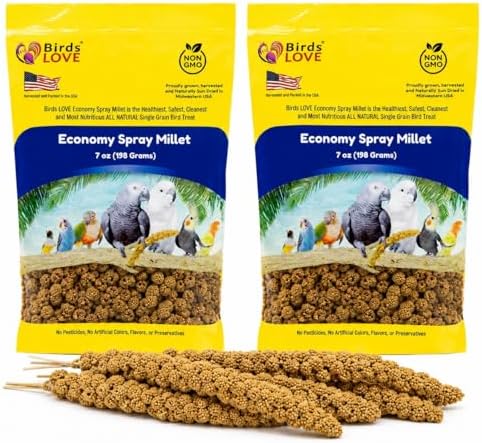 Birds LOVE® Economy Spray Millet for Birds, 7 oz, GMO-Free Natural Millet Spray Treat, Stem-Reduced Edible Tops, Grown in USA, for Parakeets, Cockatiels, Lovebirds, Finches, Canaries -Pack of 2