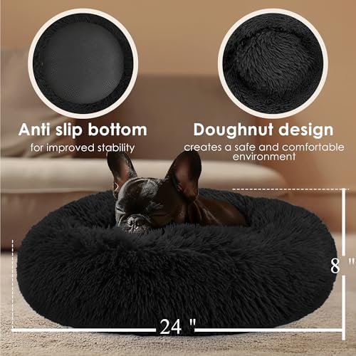 Dogs Bed for Small Dogs, Anti-Anxiety Washable Round Bed (24in Black)