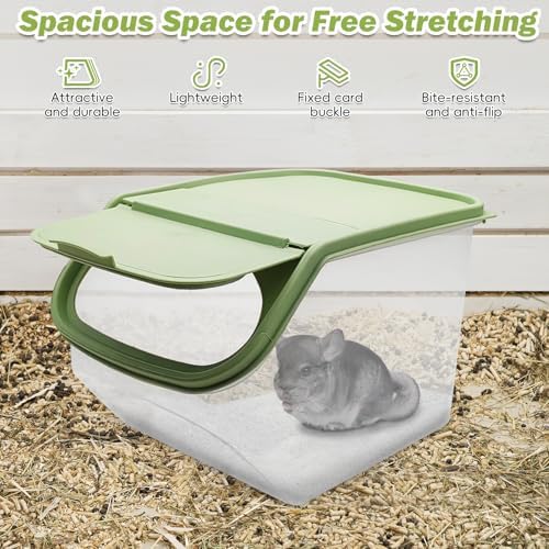 PINVNBY Chinchilla Sand Bath Box Gerbil Transparent Bathroom Chinchillas Plastic Dust Bath House with Sand Cup for Guinea Pig Hedgehog Squirrel and Other Small Animals(Green