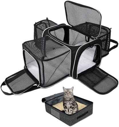 BAGLHER Expandable Cat Carrier with Travel Litter Box, Pet Travel 5 Sides Open Doors 3 Sides, Leak-Proof and Collapsible, for Car, Airplane Trip, Black