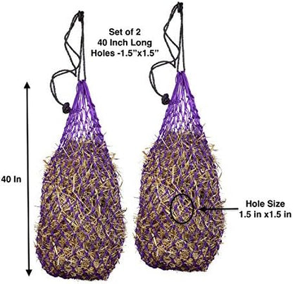 Majestic Ally 2 pcs Ultra Slow Feed 1.5"x1.5" Holes 40” Hay Net for Horses and livestocks (Purple)