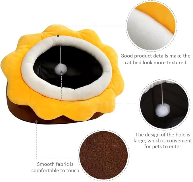 Cat Beds for Indoor Cats - Small Cat Bed with Anti-Slip Bottom, Sunflower-Shaped Cat/Dog Cave with Hanging Toy, Puppy Bed with Removable Cotton Pad, Super Soft Calming, Multiple Sizes(Brown L)
